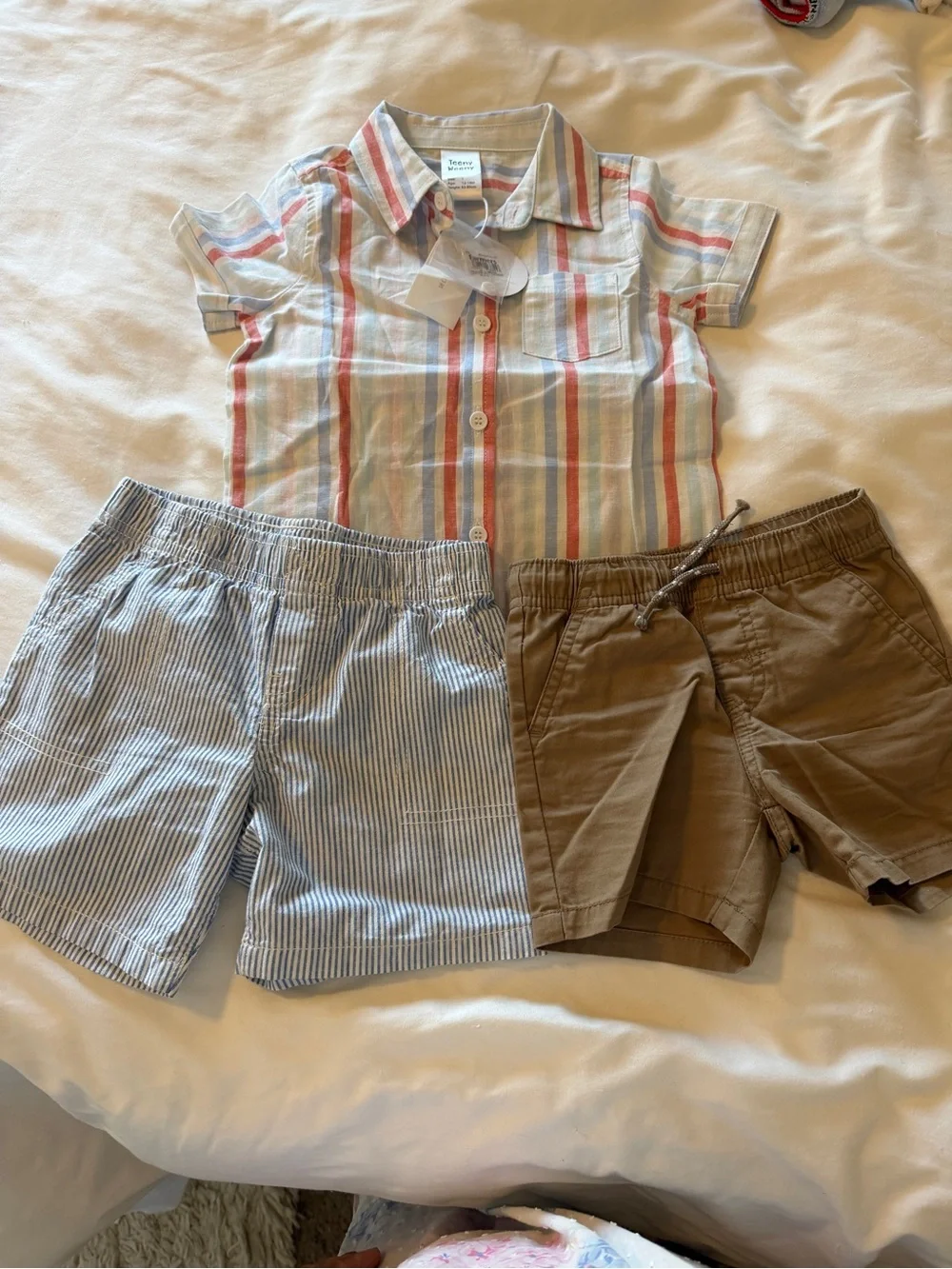 12-18 Toddler Short-Sleeve Button Shirt & Shorts Set Pastel Stripe & Light Blue